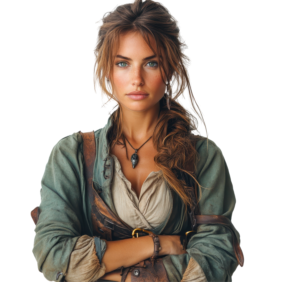Captivating portrait of a woman in pirate attire with striking features and bold expression isolated on transparent background png
