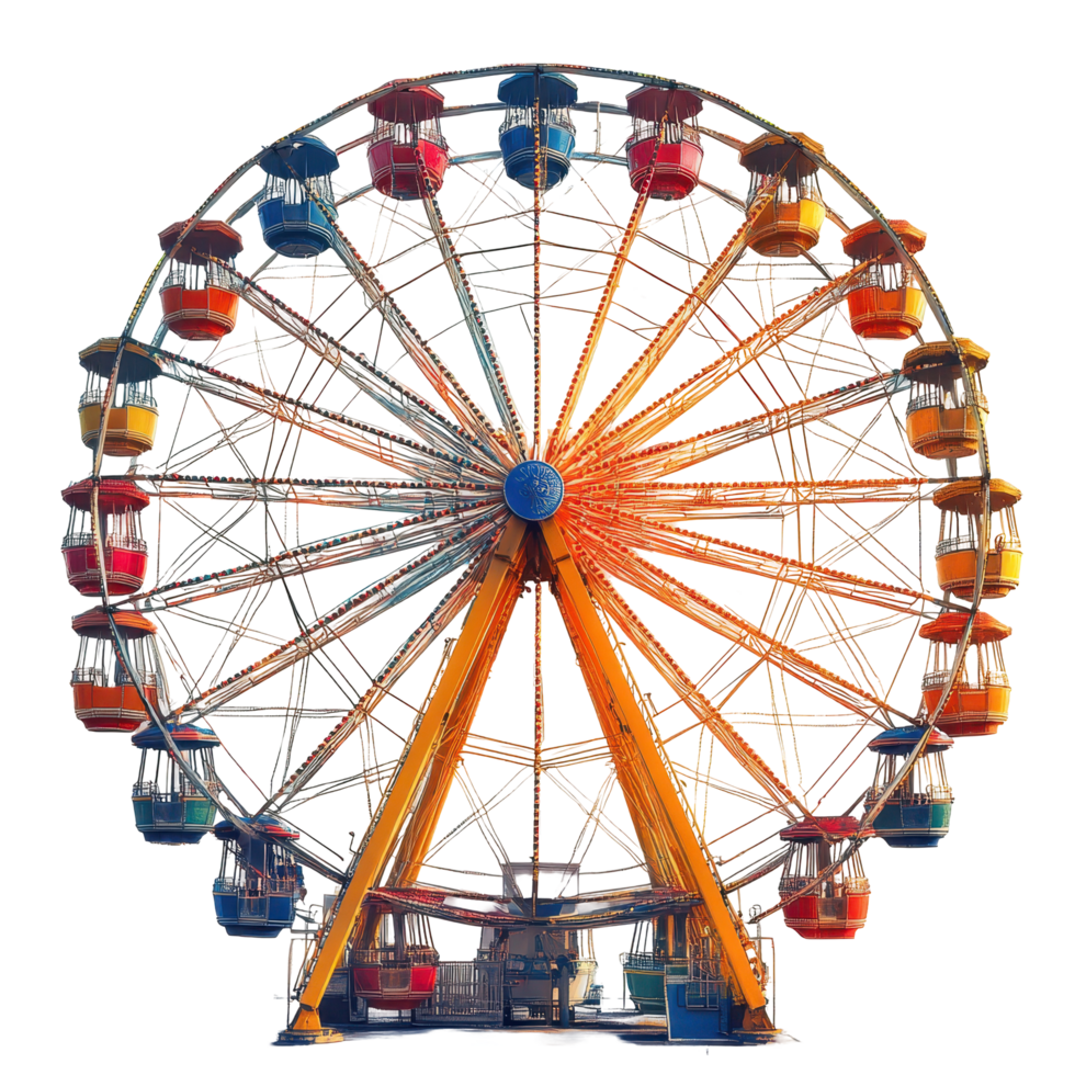 Colorful ferris wheel at an amusement park during a sunny day with empty seats and vibrant lights isolated on transparent background png