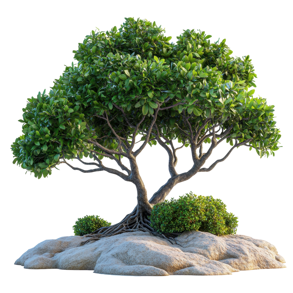 Lush green tree with expansive branches and roots on rocky ground under bright light in a natural setting isolated on transparent background png