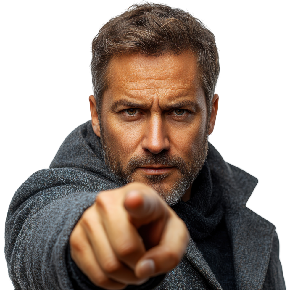 Man in gray coat points confidently while looking directly at the camera in a studio setting isolated on transparent background png