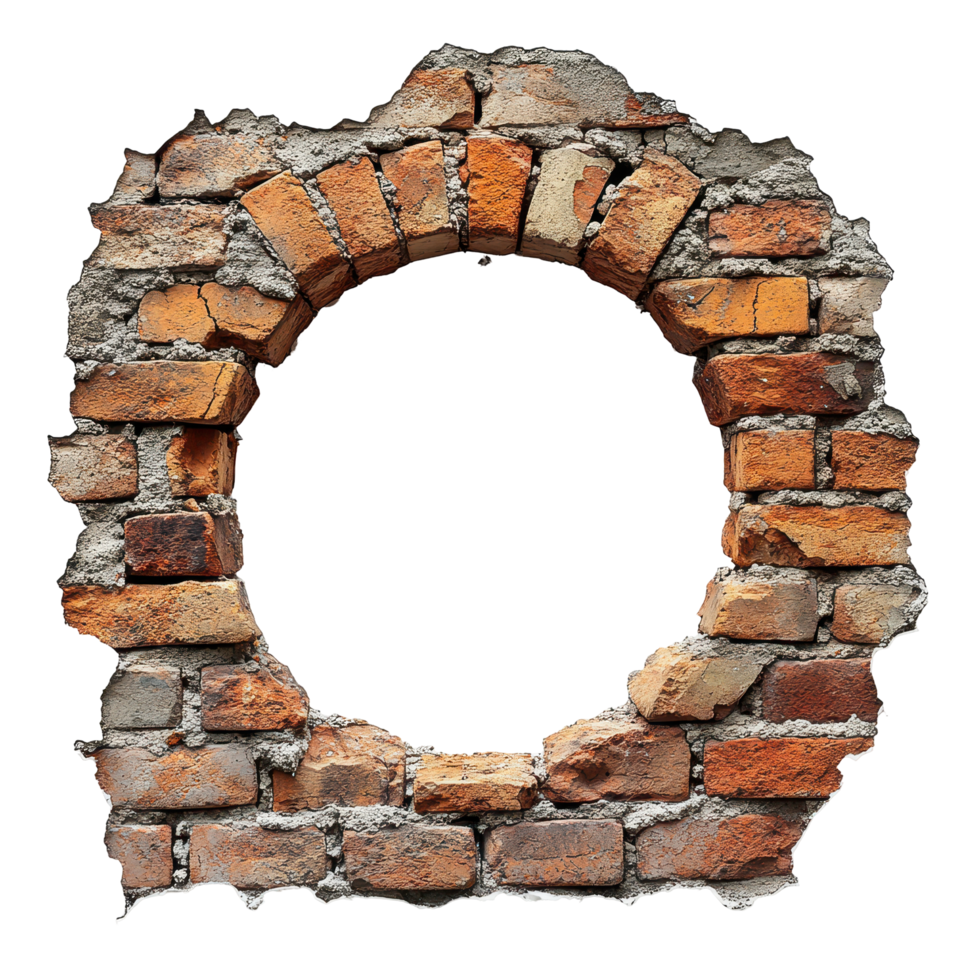 Broken brick wall with circular opening showcasing raw, textured surface and contrasting colors in a rustic setting isolated on transparent background png
