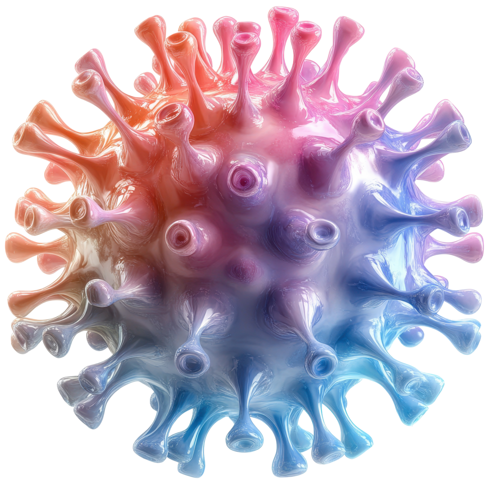 Brightly colored virus model showcases intricate surface details and texture in a scientific representation isolated on transparent background png