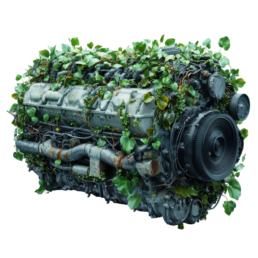 Engine covered in lush green vines in an artistic display of nature reclaiming machinery isolated on transparent background png