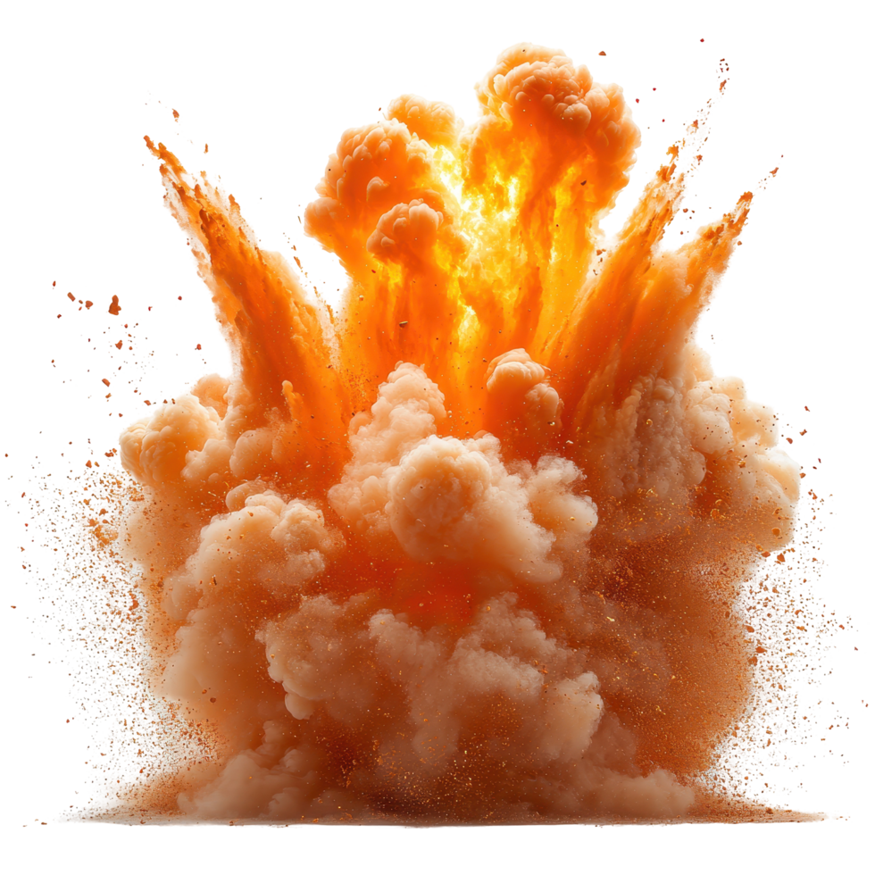 Large explosive detonation creates a dramatic cloud of smoke and fire against a white background isolated on transparent background png