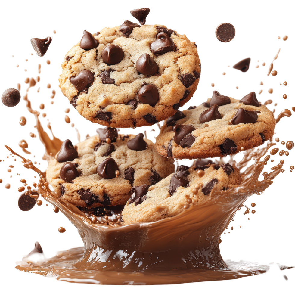 Chocolate chip cookies splashing in rich molten chocolate create a delightful dessert experience isolated on transparent background png