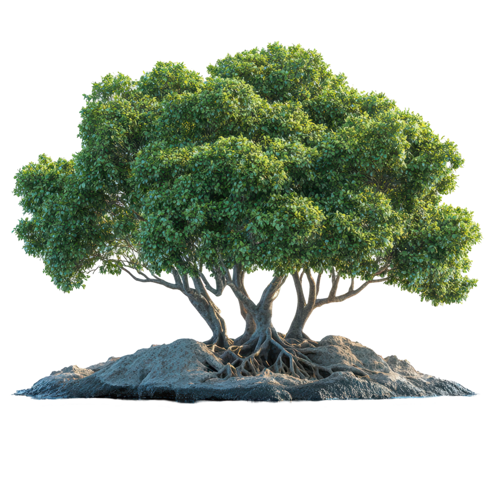 Large green tree with lush foliage and exposed roots in a serene environment during daylight isolated on transparent background png