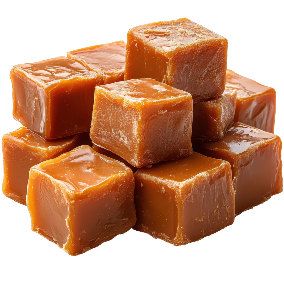 Delicious squares of caramel stacked together for a tempting treat or dessert topping isolated on transparent background png