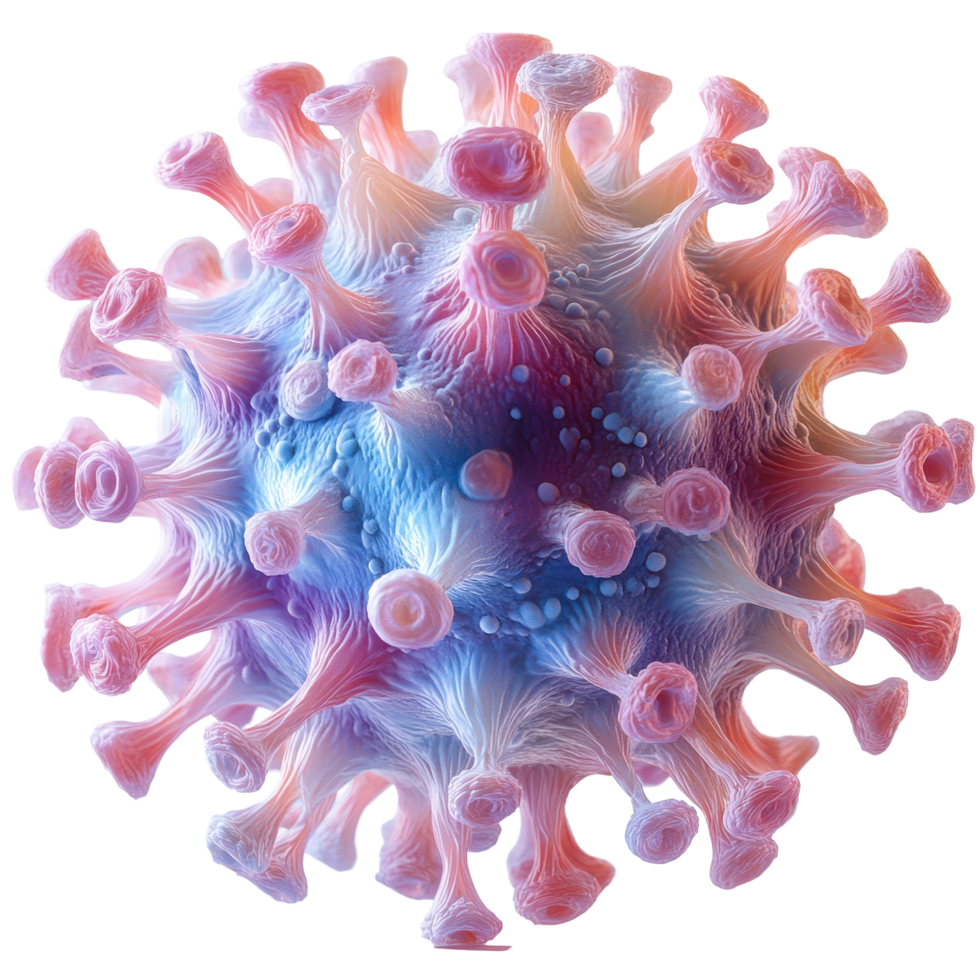 3D representation of a virus with colorful spikes and surface proteins under microscopic view isolated on transparent background png