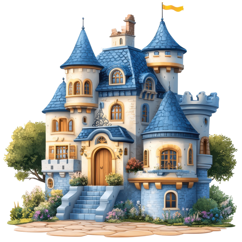 Charming fairy tale castle surrounded by blooming flowers and trees during a sunny day in an idyllic setting isolated on transparent background png