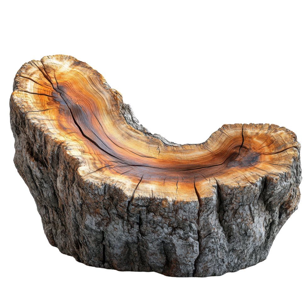 Unique wooden log bench showcasing natural textures and warm tones, suitable for garden or rustic decor use isolated on transparent background png