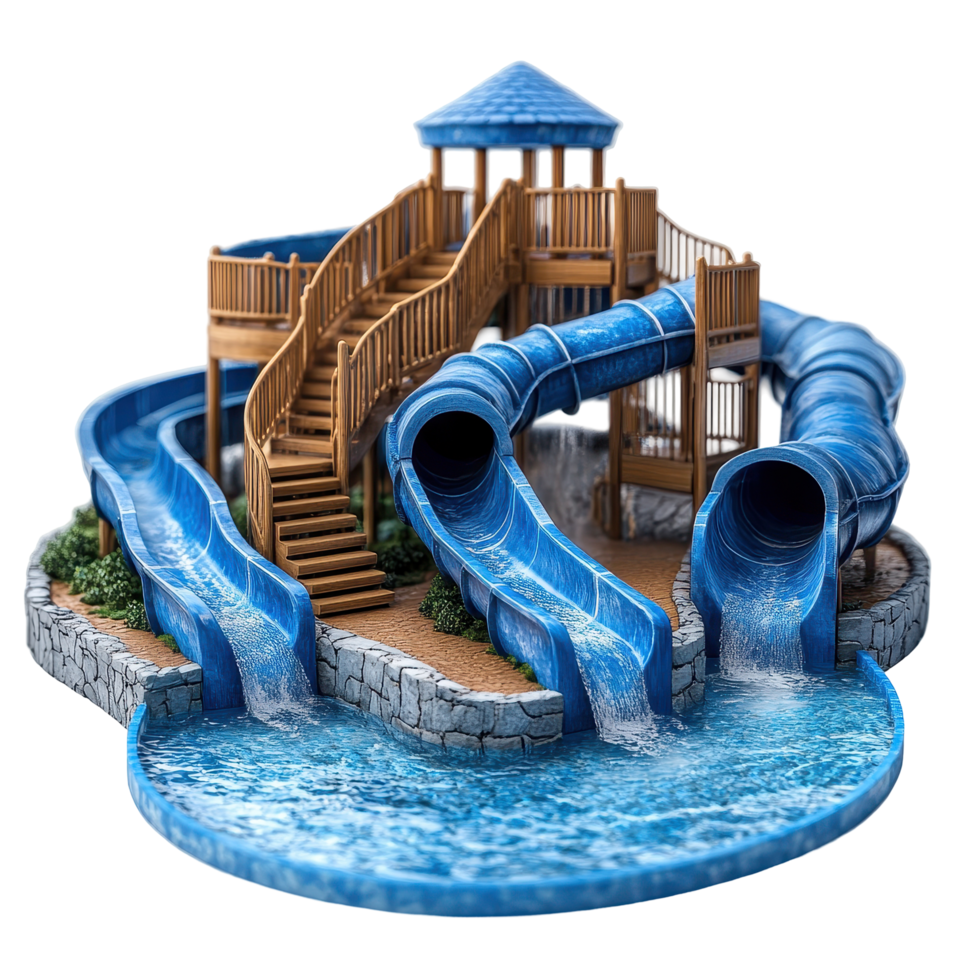 Colorful water park slide structure with multiple pathways and wooden deck for fun summer activities in a recreational setting isolated on transparent background png