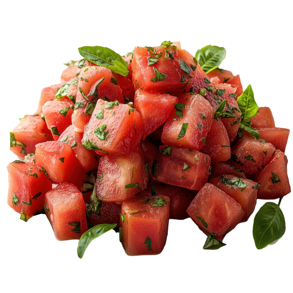 Fresh watermelon cubes garnished with mint leaves create a refreshing summer dish perfect for any gathering or picnic setting isolated on transparent background png