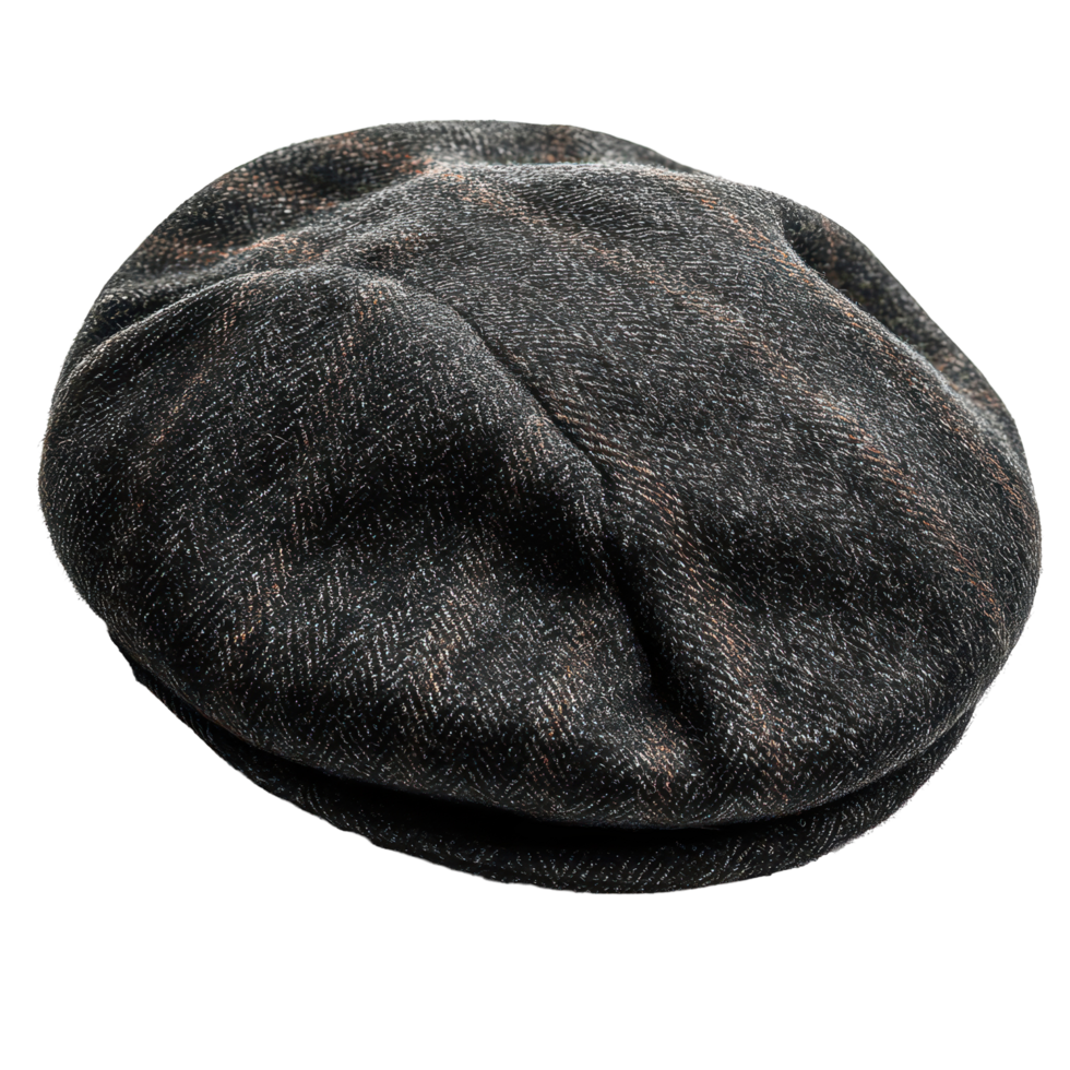 Stylish flat cap made of wool fabric in a classic herringbone pattern showcasing craftsmanship and timeless design isolated on transparent background png