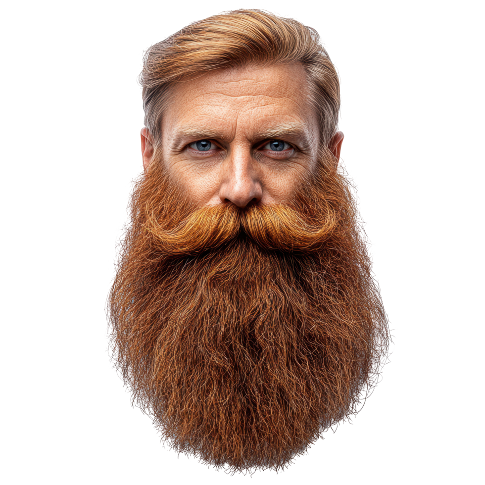 Long red beard and styled mustache create a striking appearance of a man with piercing blue eyes isolated on transparent background png