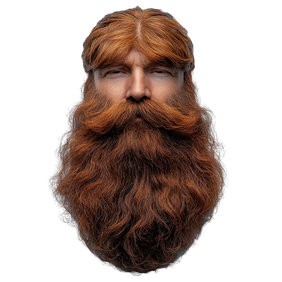 Portrait of a man with a large, styled beard showcasing vibrant red tones and a confident expression in a neutral background setting isolated on transparent background png