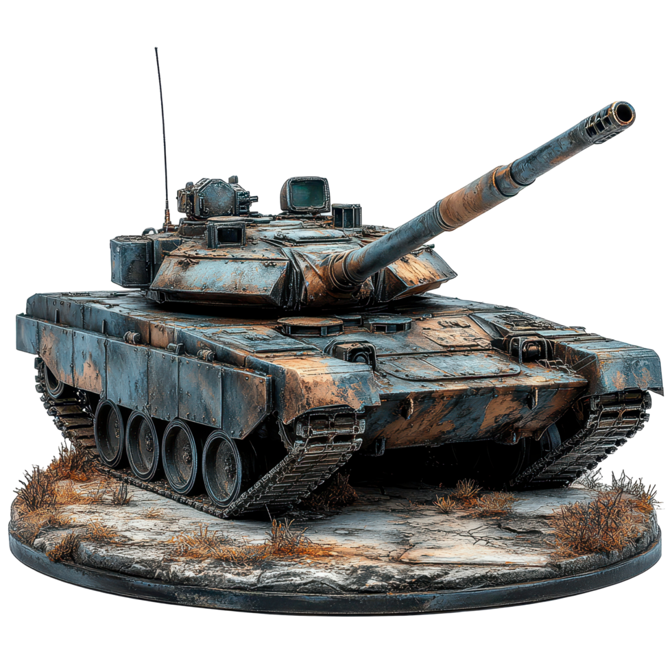 Rusty military tank on a weathered base with realistic details and textures in a model display setting isolated on transparent background png
