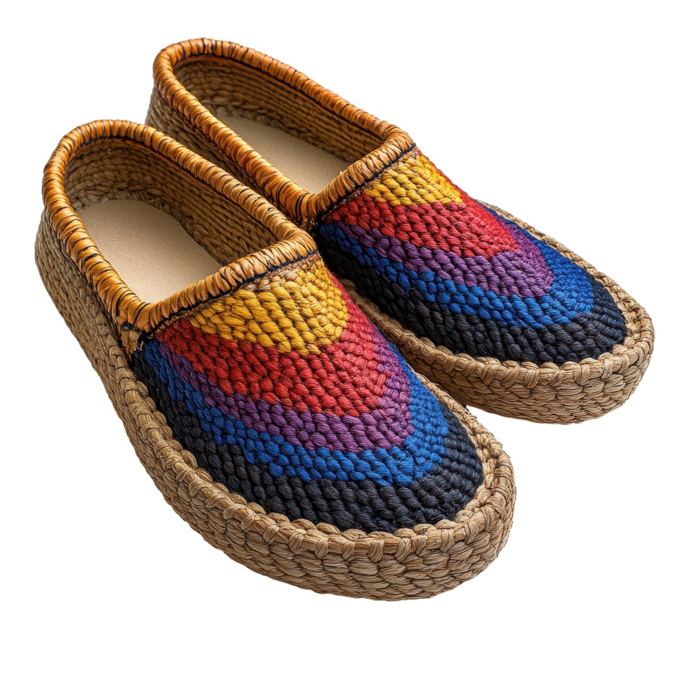 Colorful woven slip-on shoes displayed on a plain surface showcasing their unique design and craftsmanship isolated on transparent background png