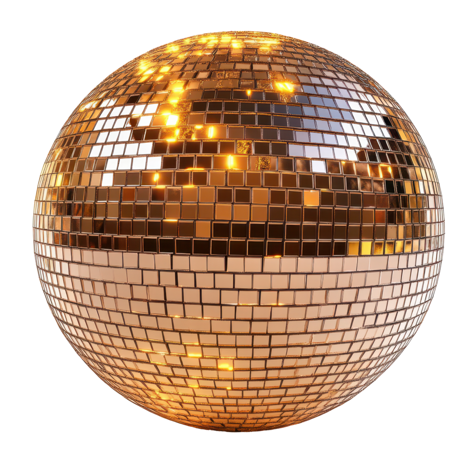 Shimmering golden disco ball reflecting light in a vibrant dance floor setting ideal for celebrations isolated on transparent background png