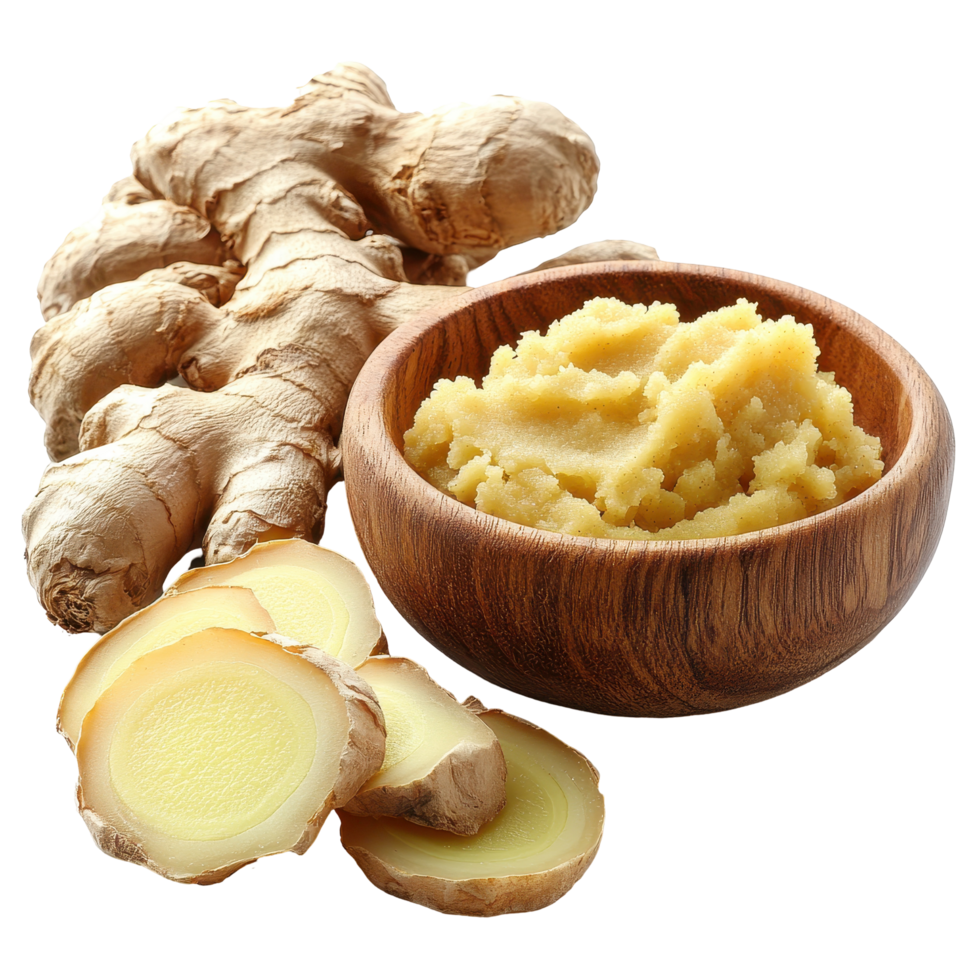 Ginger root with freshly made ginger paste in a wooden bowl on a plain background highlighting its culinary uses isolated on transparent background png