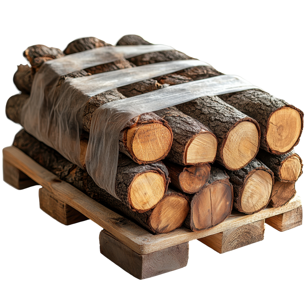 Firewood stacked neatly on a wooden pallet ready for sale or use in winter activities isolated on transparent background png