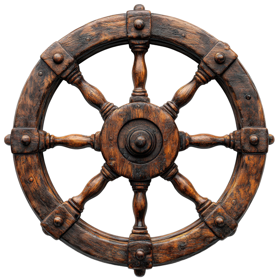Wooden ship wheel displaying intricate craftsmanship found in a nautical-themed interior setting isolated on transparent background png