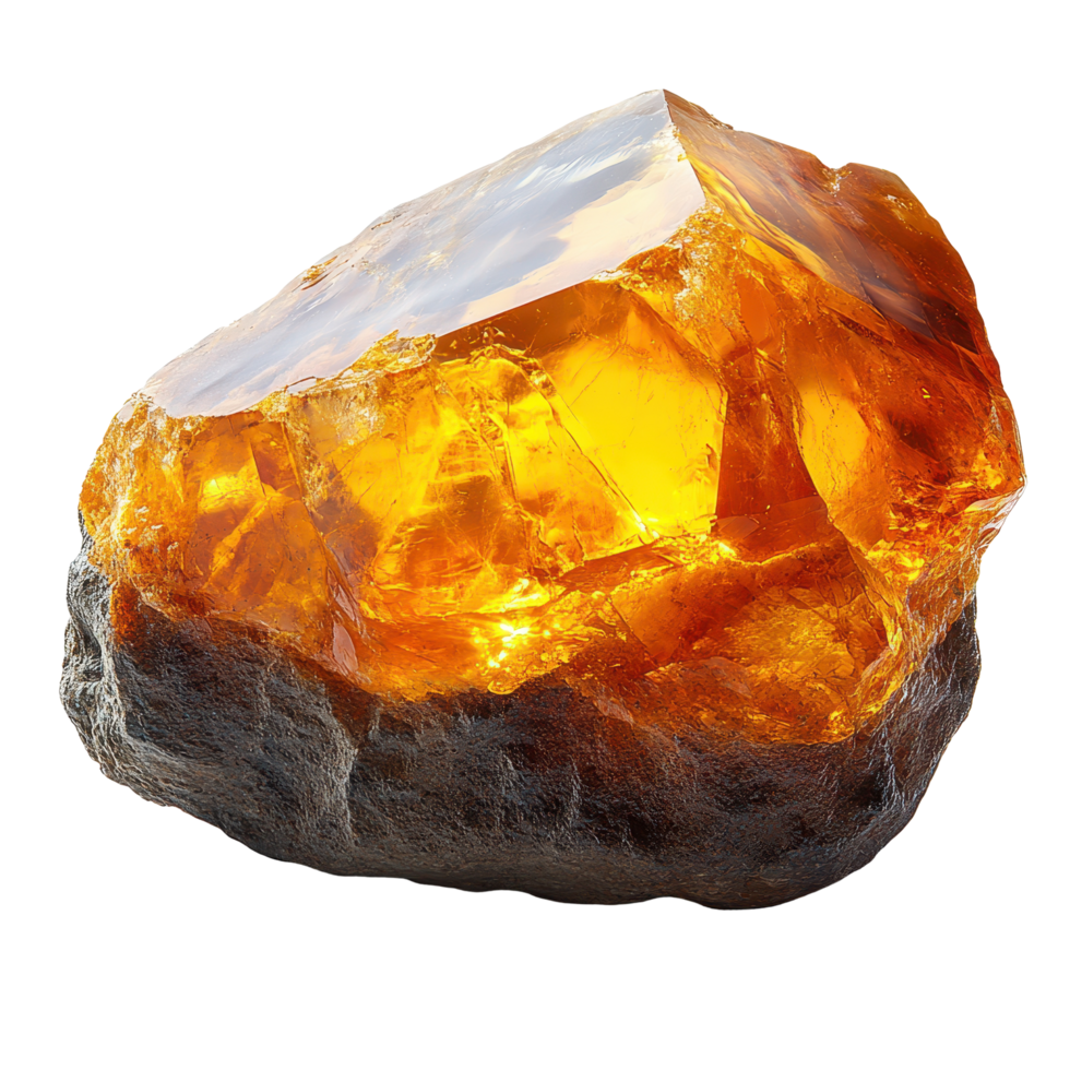 Beautiful amber stone resting on a dark base, showcasing its vibrant orange and yellow hues isolated on transparent background png