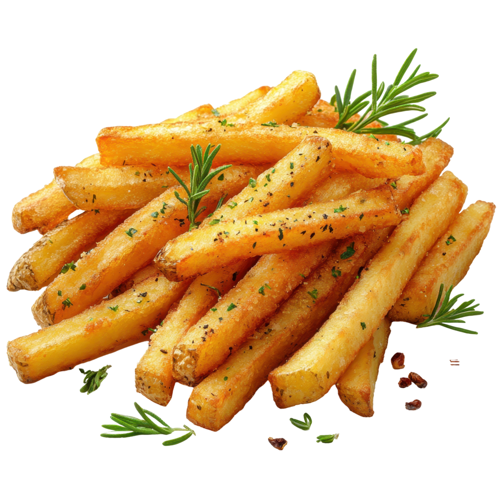 Golden, crispy French fries garnished with herbs and spices for a delightful snack experience isolated on transparent background png