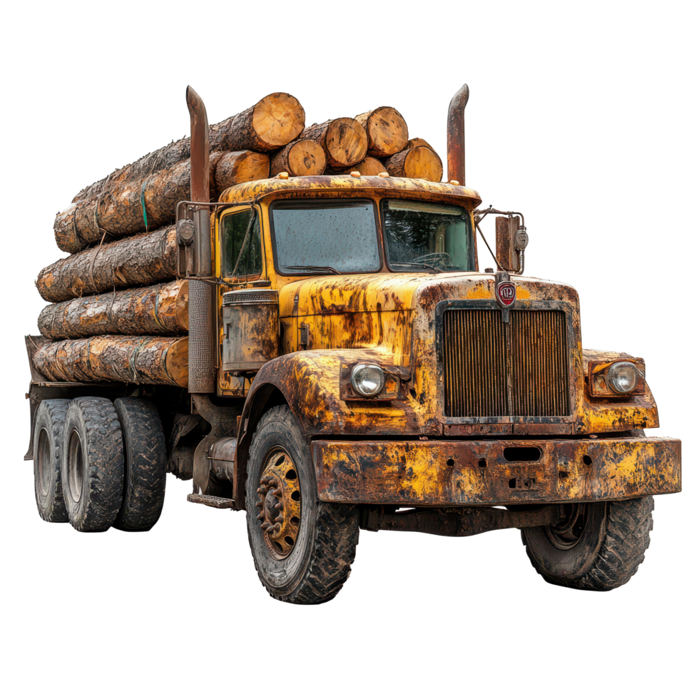 Old rustic logging truck transporting timber through a forested area during daylight hours isolated on transparent background png
