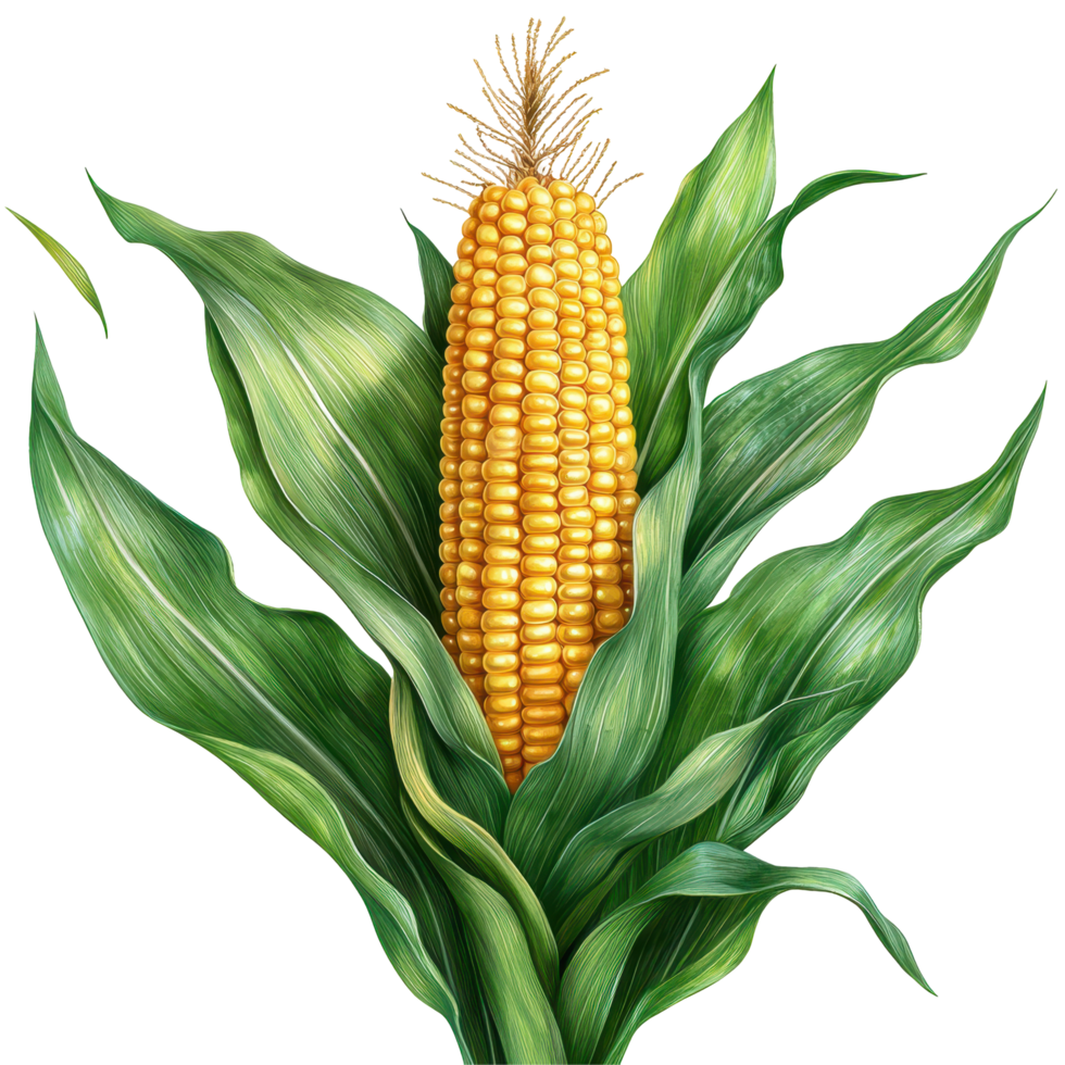 Corn cob surrounded by green leaves in a close-up view showcasing fresh produce and agriculture details isolated on transparent background png