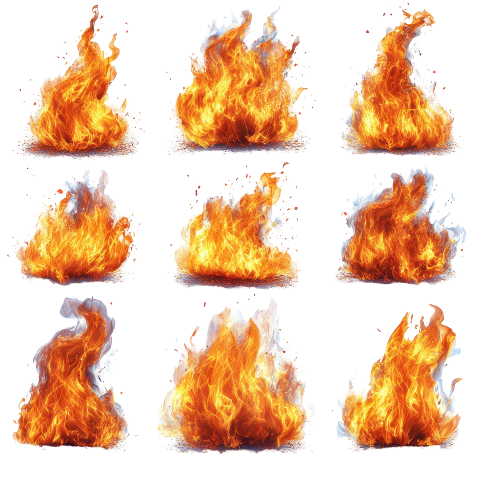 Variety of dynamic fire flames with different shapes and sizes in a grid layout isolated on transparent background png