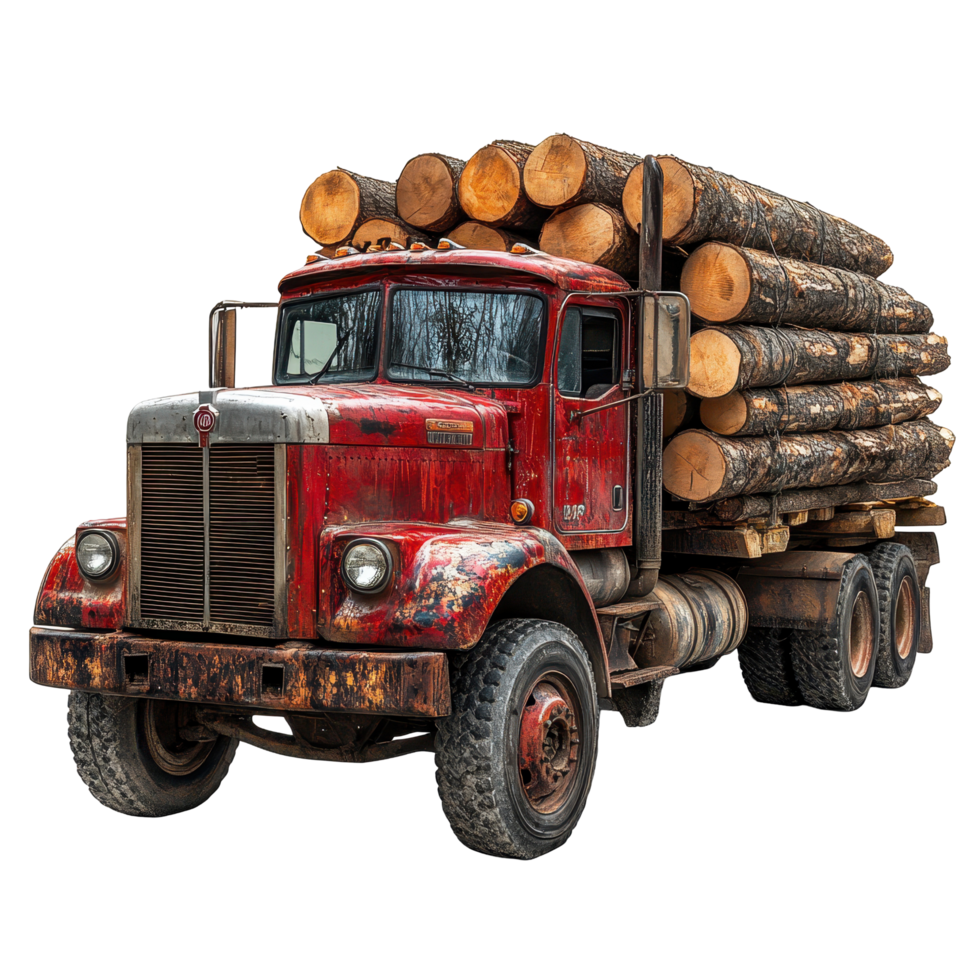 Vintage red truck loaded with logs parked in a forest setting during a sunny afternoon isolated on transparent background png