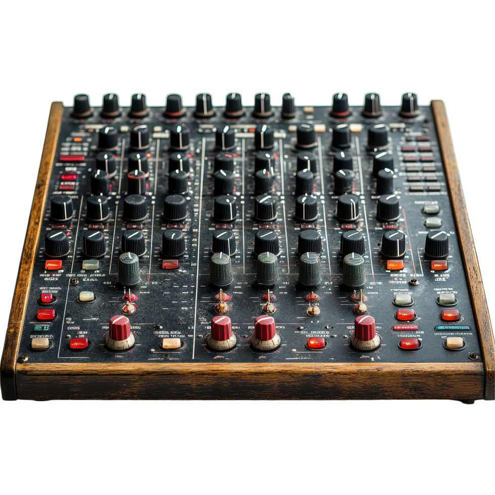 Vintage audio mixer displayed on a wooden surface, showcasing various knobs and switches during a recording session isolated on transparent background png