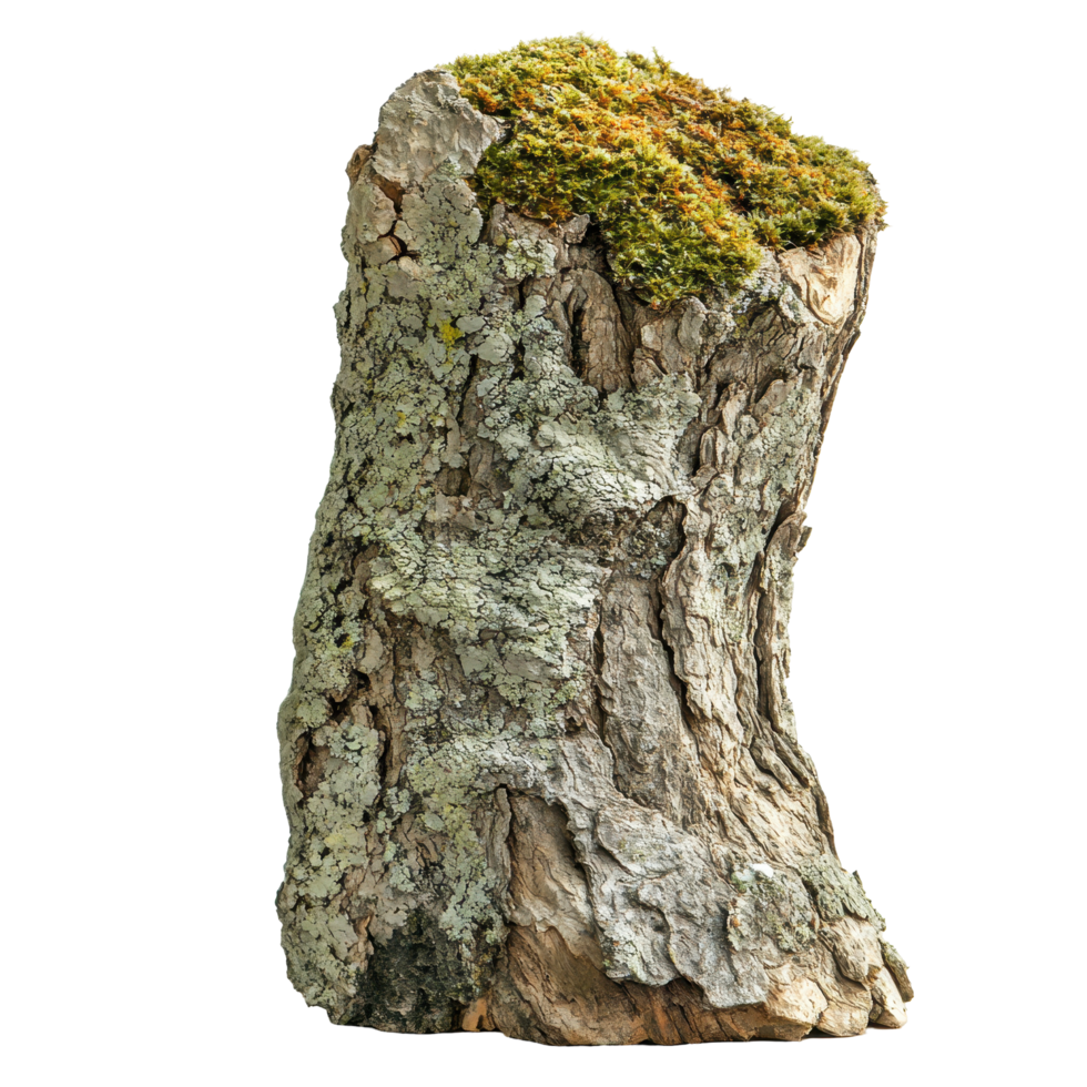 Unique tree stump covered in moss and lichen found in a forest during daylight isolated on transparent background png