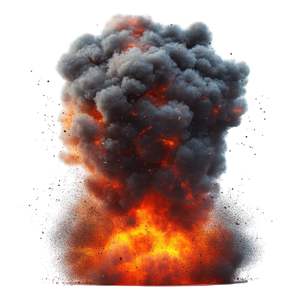 A massive explosion engulfs the landscape with a fiery cloud of smoke and debris during a controlled demolition event isolated on transparent background png