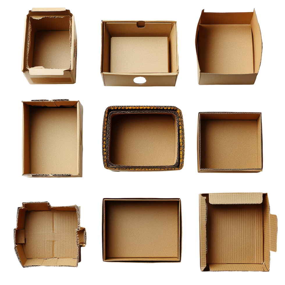 Different shapes and sizes of empty cardboard boxes arranged in a grid layout for packaging and organization purposes isolated on transparent background png