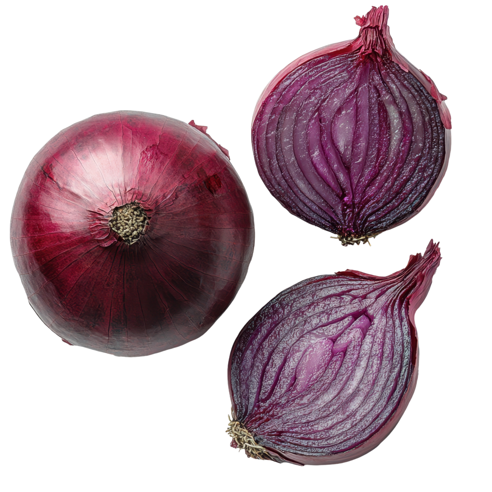 Fresh red onions displayed on a light background showcasing their vibrant color and layered structure isolated on transparent background png