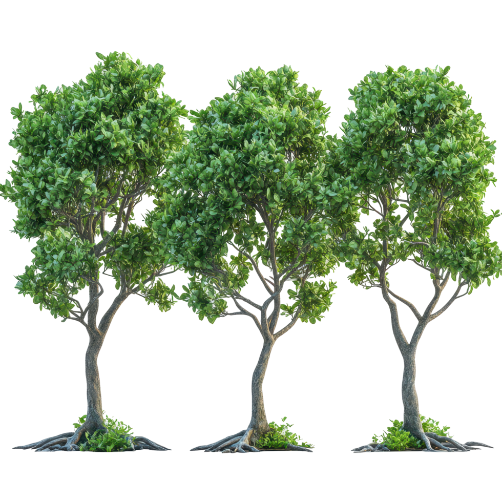 Lush green trees standing together in a sunny forest setting with vibrant leaves and intricate branches isolated on transparent background png