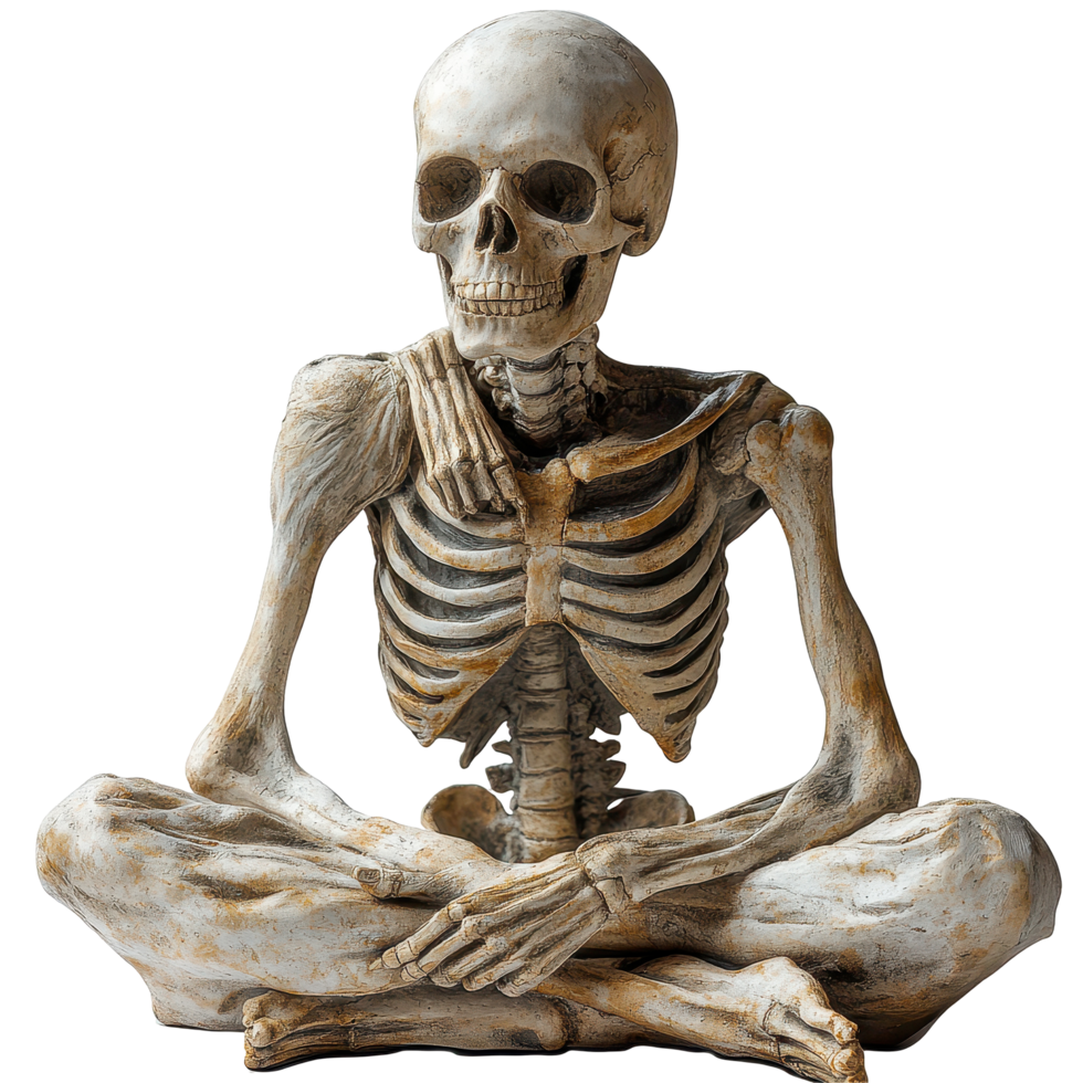 Skeleton in seated meditation position with detailed anatomical structure displayed isolated on transparent background png