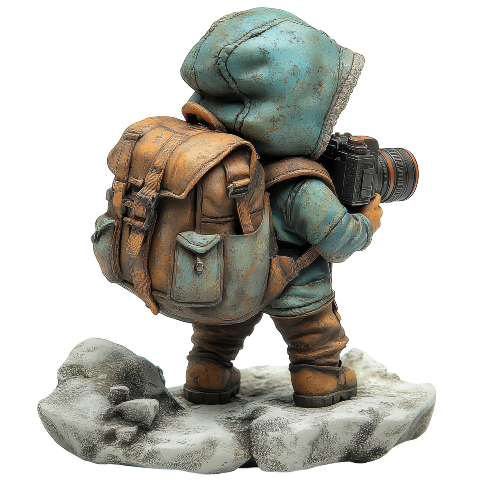 Figurine of a photographer wearing a backpack and capturing images in a rugged outdoor setting isolated on transparent background png