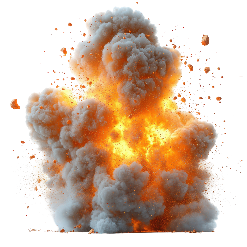 Explosive blast creating a large fireball with dense smoke rising into the air during daytime in an open area isolated on transparent background png