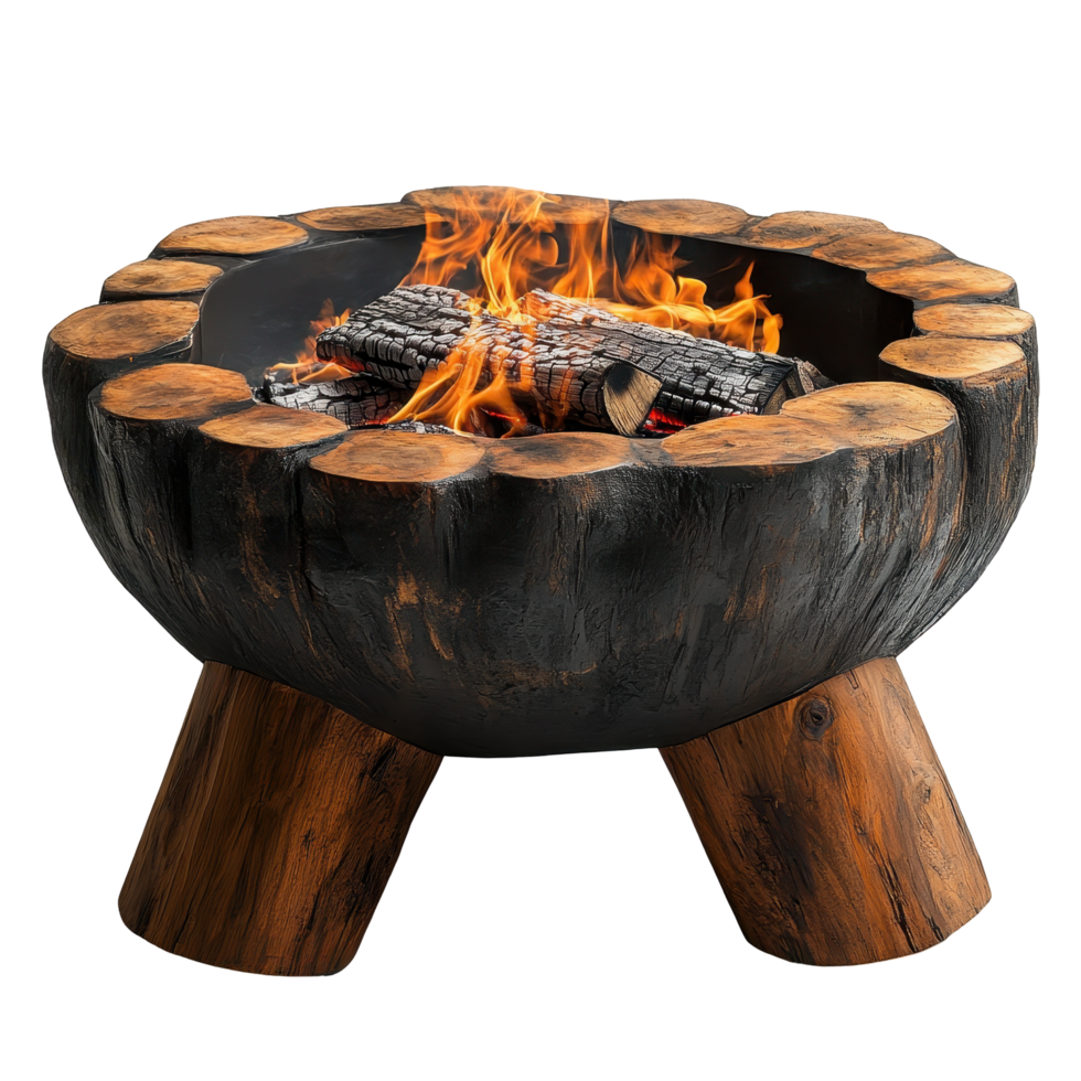 Fire pit with glowing flames surrounded by a rustic wooden design during a cozy evening gathering isolated on transparent background png