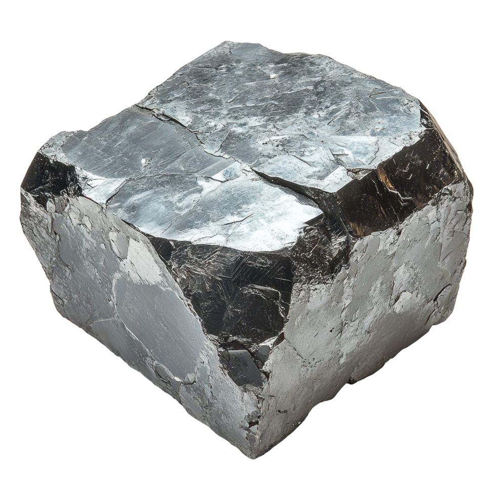 Shiny mineral block with metallic luster displayed on a white background highlighting natural texture and form isolated on transparent background png