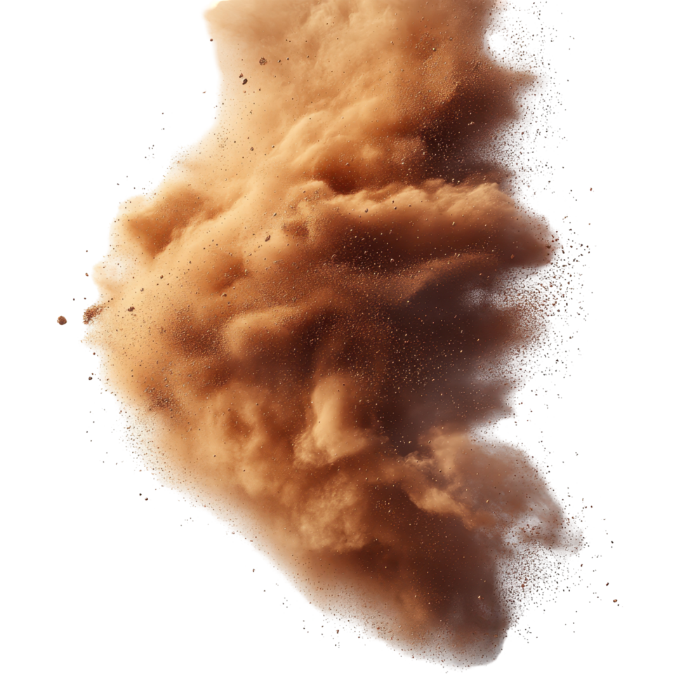 Dust cloud rises dramatically from the ground during a dry season in an arid landscape isolated on transparent background png