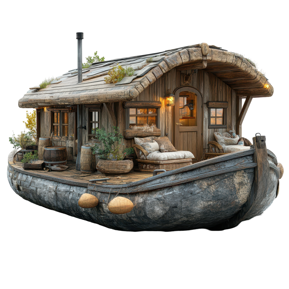 Unique floating cabin inspired by rustic design in a serene natural setting isolated on transparent background png