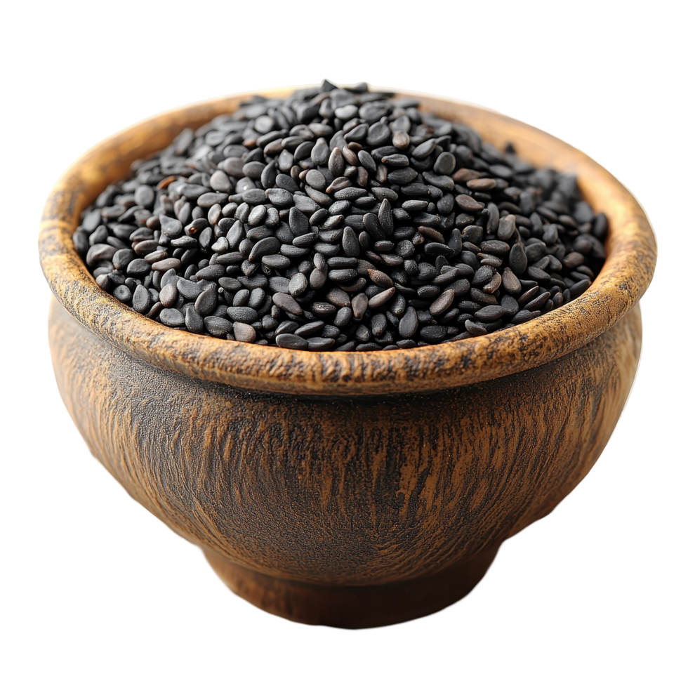Black sesame seeds in a wooden bowl ready for culinary use and nutritional benefits isolated on transparent background png