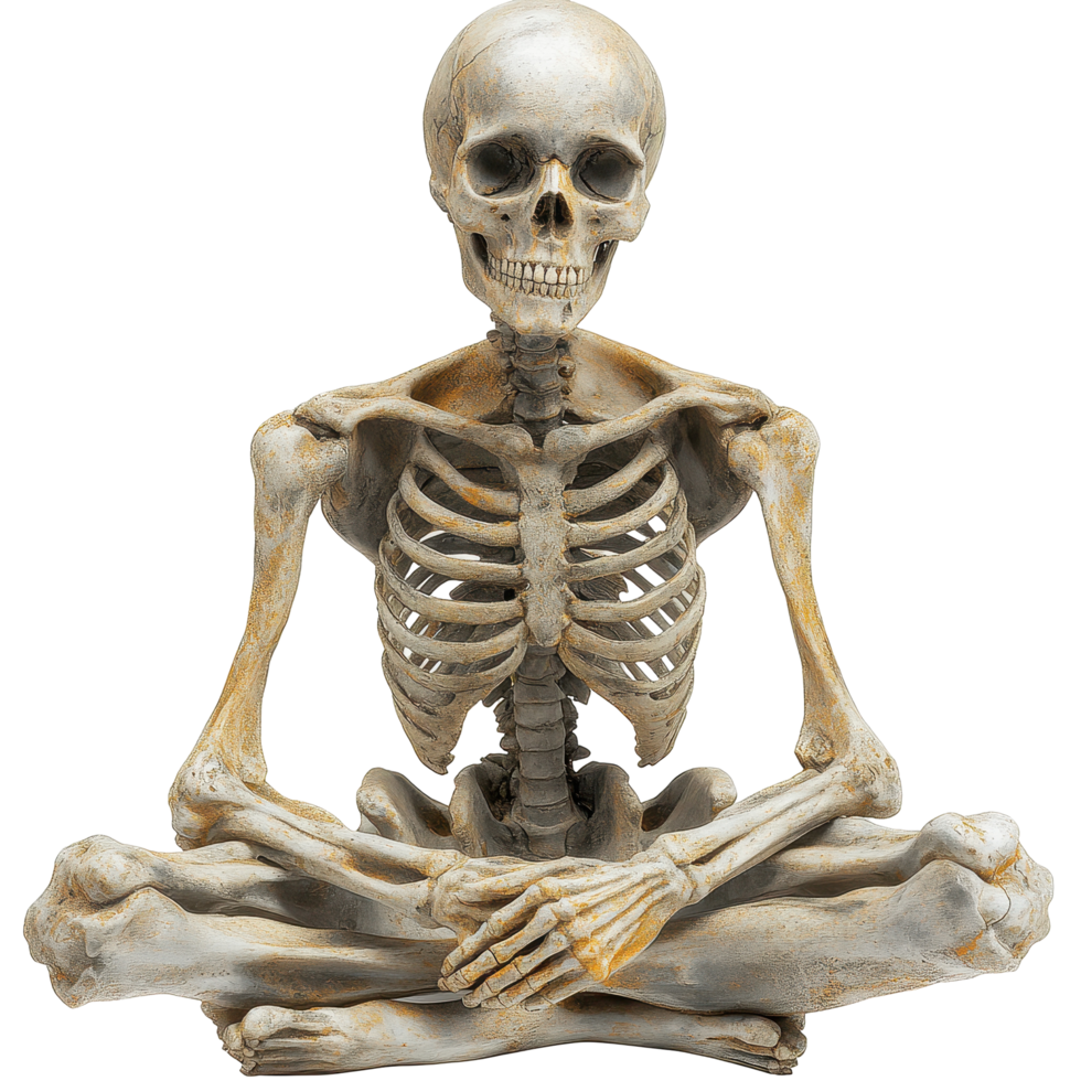 Realistic skeleton seated in a meditative pose provides an eerie yet captivating decorative element for Halloween celebrations isolated on transparent background png