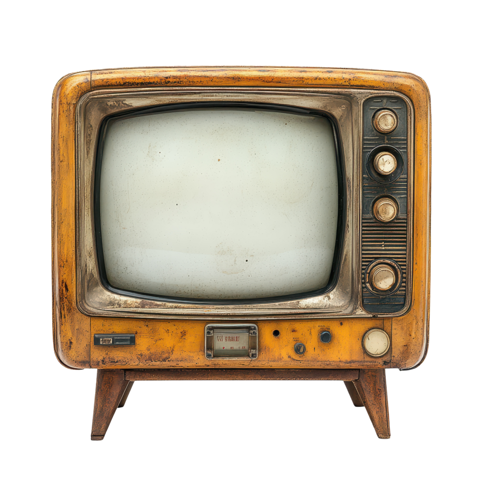 Vintage television set with a worn wooden frame on display in a rustic setting isolated on transparent background png