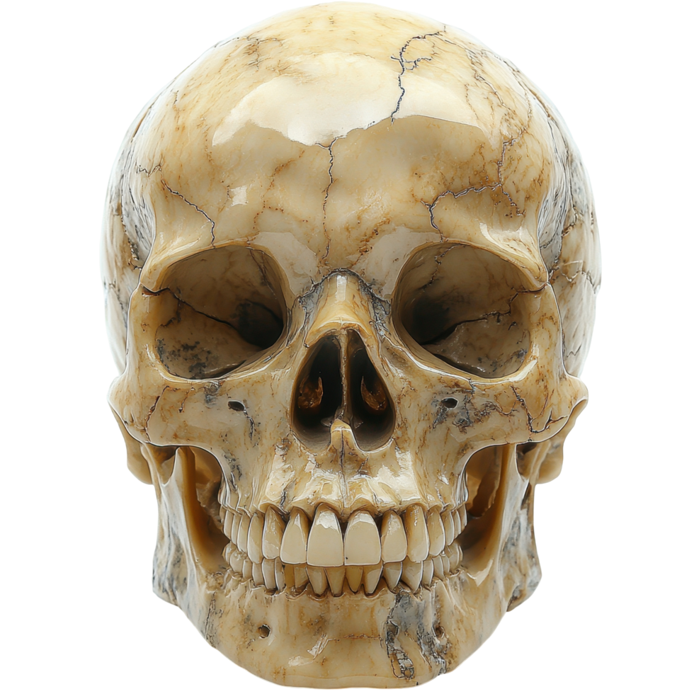Detailed carved marble skull showcasing intricate patterns and textures in a naturalistic manner isolated on transparent background png