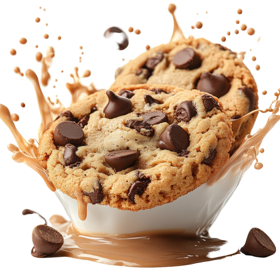 Chocolate chip cookies splash into a bowl creating a delicious dessert moment isolated on transparent background png