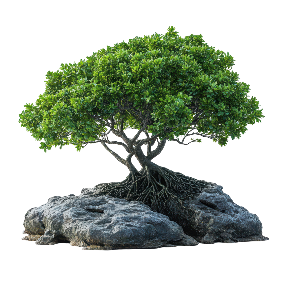 Unique tree with vibrant foliage growing from large rocks in a serene outdoor setting isolated on transparent background png